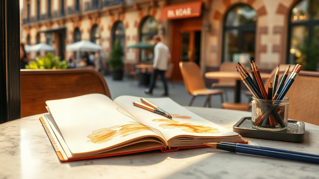 Urban sketcher kit on a cafe table with city view
