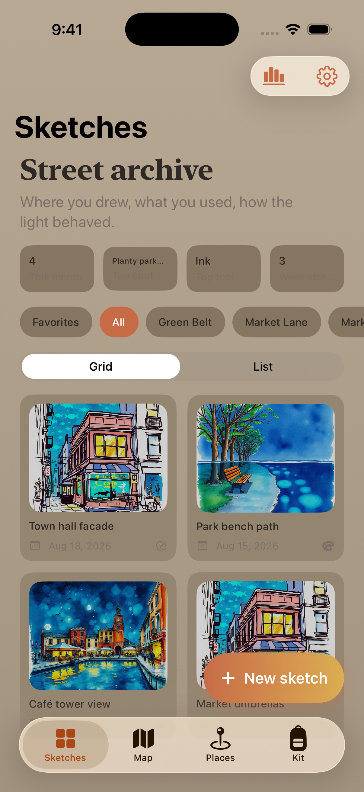 Sketch grid with stats and filters
